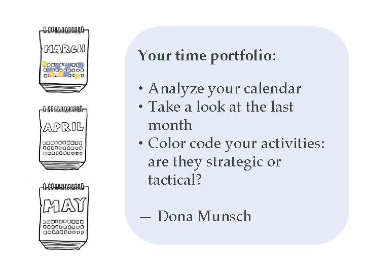Your time portfolio: • Analyze your calendar • Take a look at the last