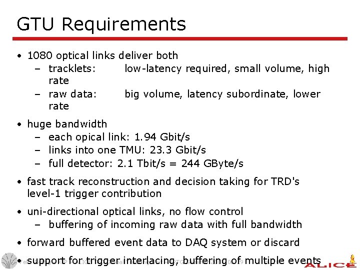 GTU Requirements • 1080 optical links deliver both – tracklets: low-latency required, small volume, GTU Requirements • 1080 optical links deliver both – tracklets: low-latency required, small volume,