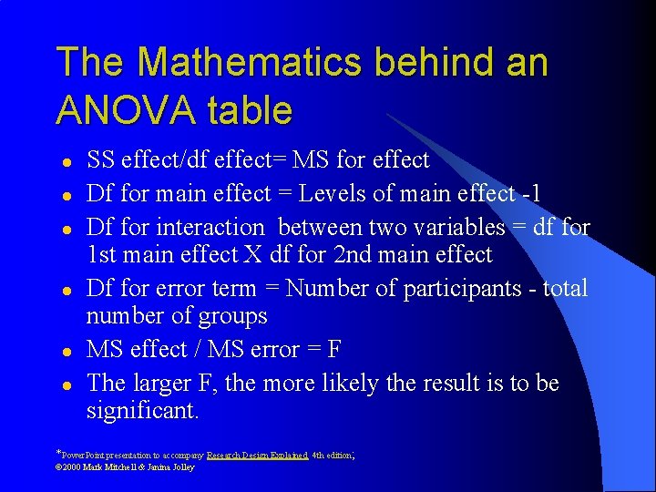 The Mathematics behind an ANOVA table l l l SS effect/df effect= MS for