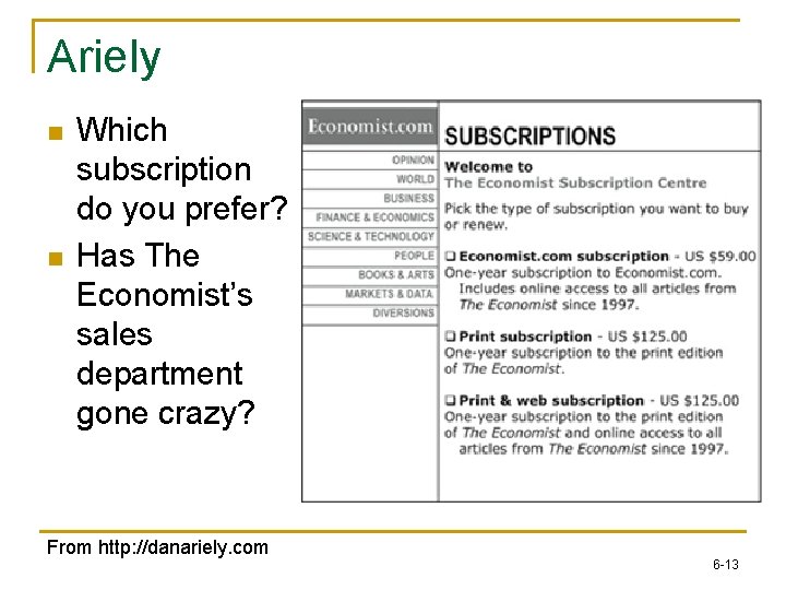 Ariely n n Which subscription do you prefer? Has The Economist’s sales department gone