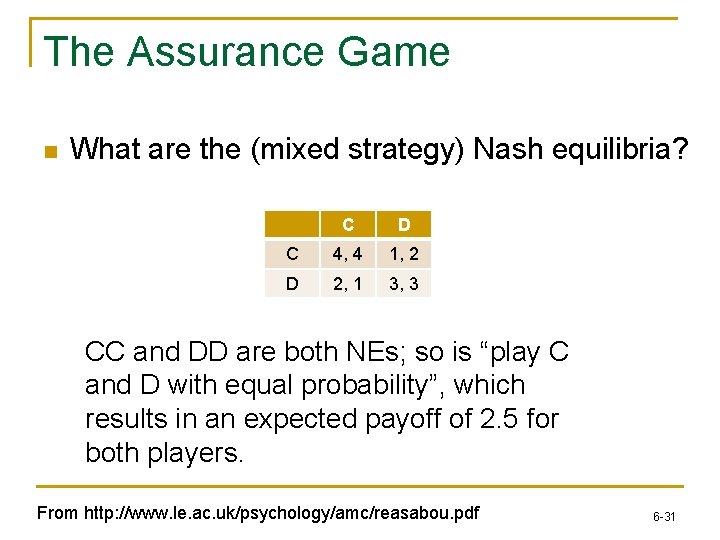 The Assurance Game n What are the (mixed strategy) Nash equilibria? C D C