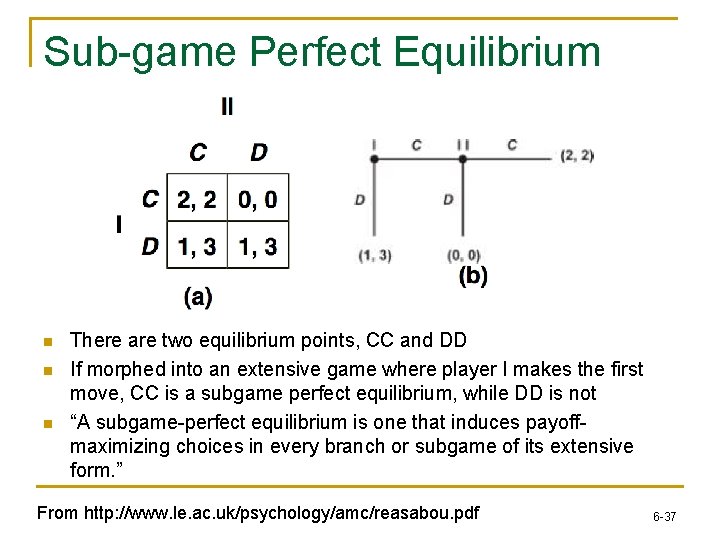 Sub-game Perfect Equilibrium n n n There are two equilibrium points, CC and DD