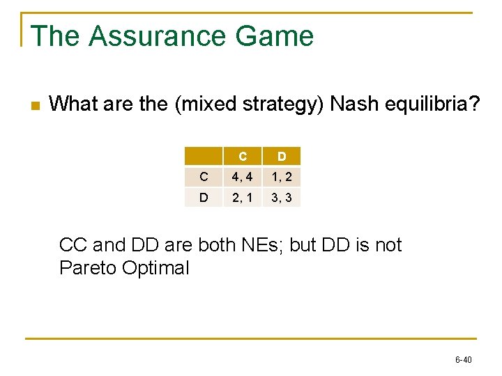 The Assurance Game n What are the (mixed strategy) Nash equilibria? C D C