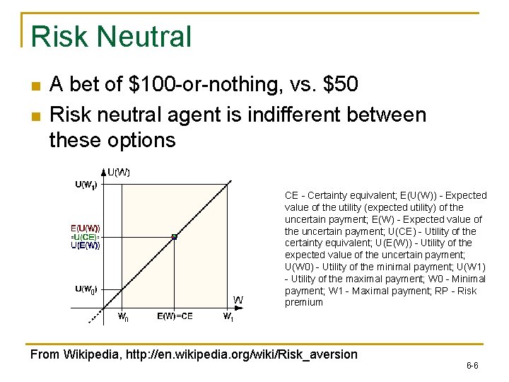 Risk Neutral n n A bet of $100 -or-nothing, vs. $50 Risk neutral agent