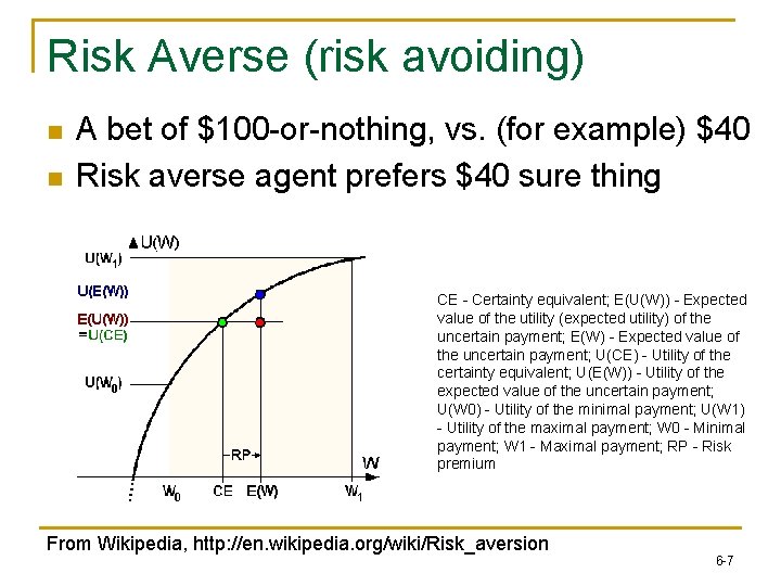 Risk Averse (risk avoiding) n n A bet of $100 -or-nothing, vs. (for example)