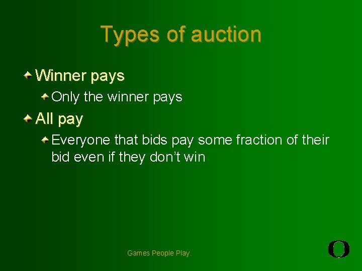Types of auction Winner pays Only the winner pays All pay Everyone that bids