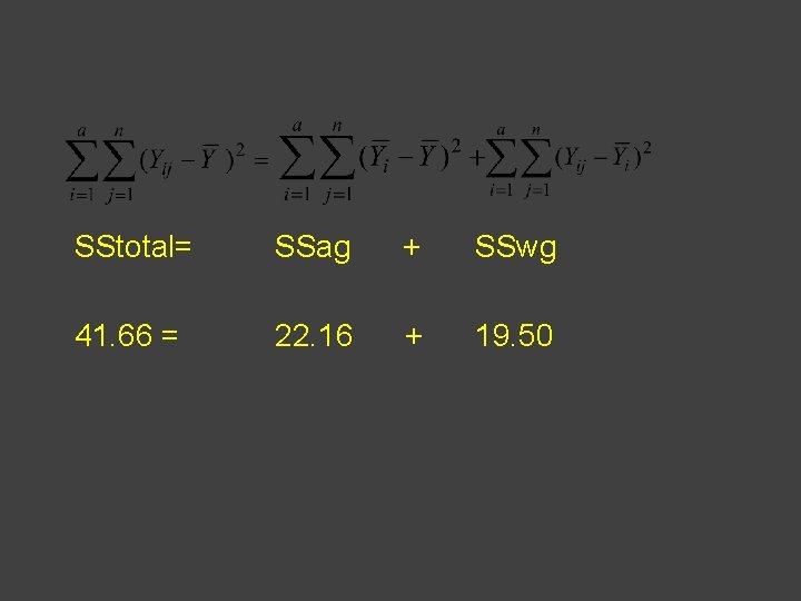 SStotal= SSag + SSwg 41. 66 = 22. 16 + 19. 50 