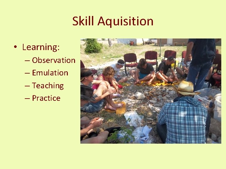 Skill Aquisition • Learning: – Observation – Emulation – Teaching – Practice 