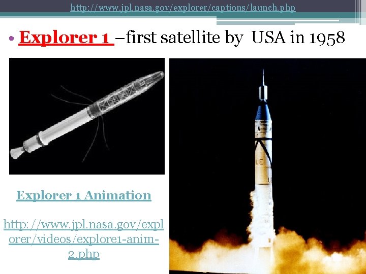 http: //www. jpl. nasa. gov/explorer/captions/launch. php • Explorer 1 –first satellite by USA in