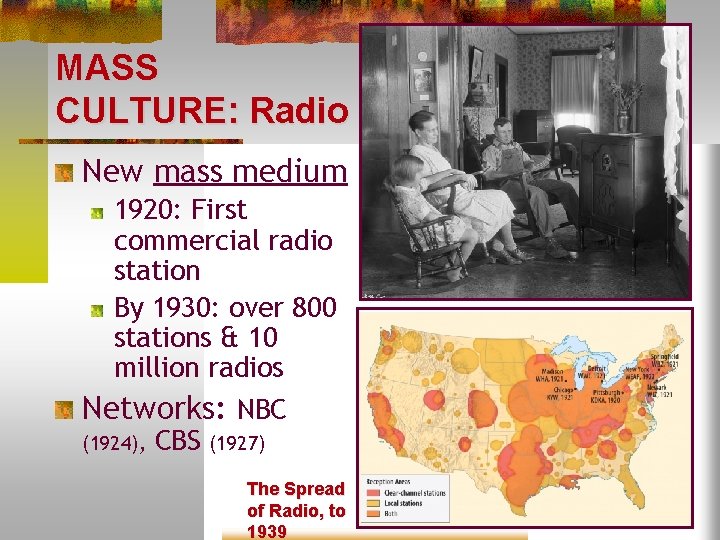 MASS CULTURE: Radio New mass medium 1920: First commercial radio station By 1930: over