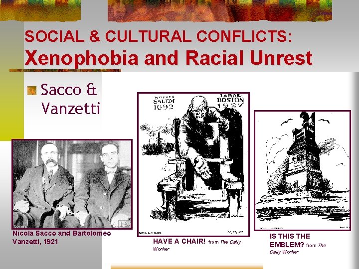 SOCIAL & CULTURAL CONFLICTS: Xenophobia and Racial Unrest Sacco & Vanzetti Nicola Sacco and