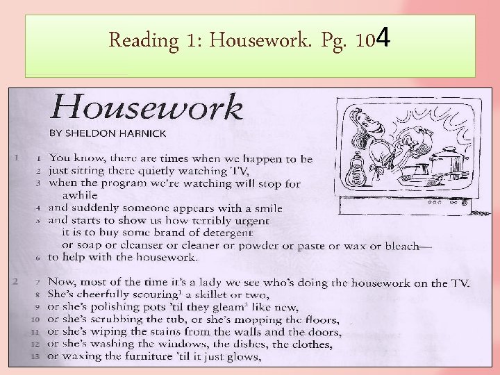 Reading 1: Housework. Pg. 104 