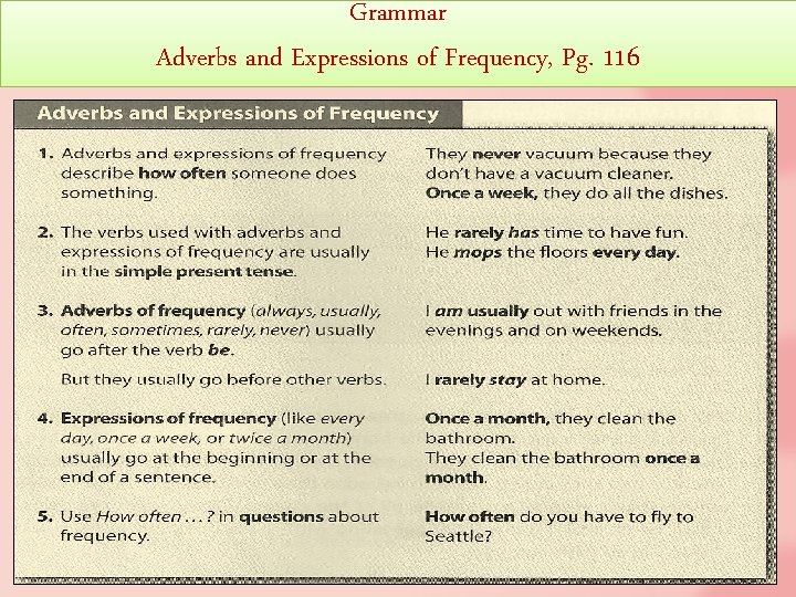 Grammar Adverbs and Expressions of Frequency, Pg. 116 