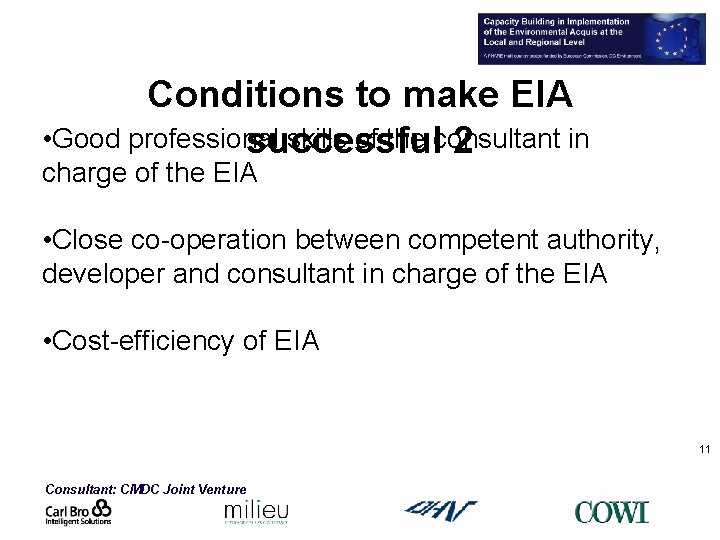 Conditions to make EIA • Good professional skills of the consultant in successful 2