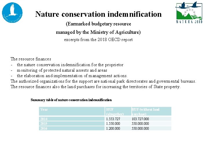 Nature conservation indemnification (Earmarked budgetary resource managed by the Ministry of Agriculture) excerpts from