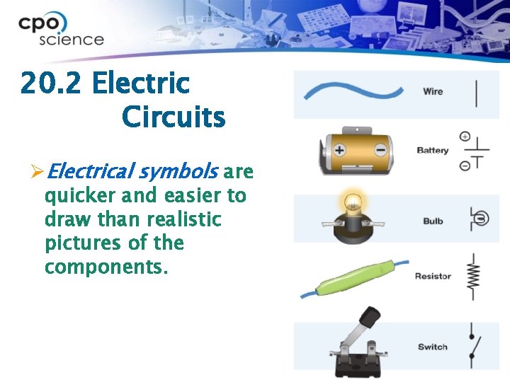 20. 2 Electric Circuits ØElectrical symbols are quicker and easier to draw than realistic