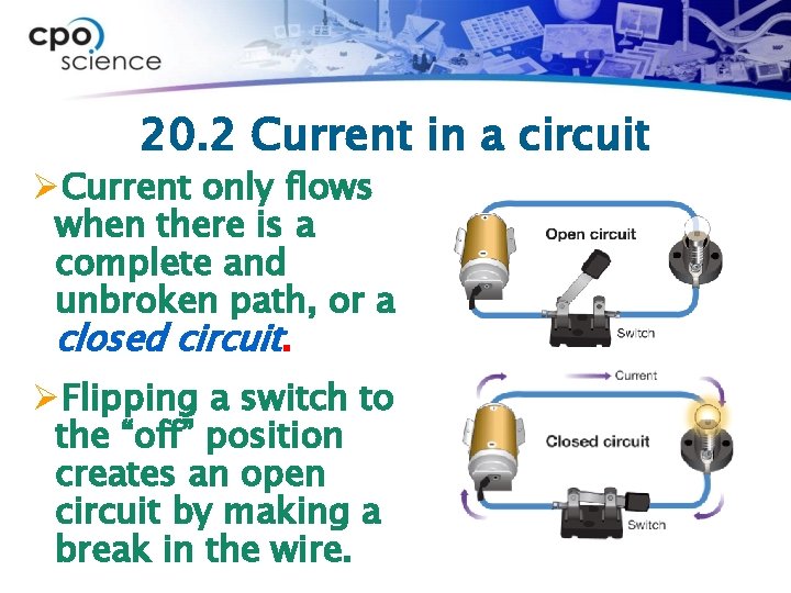 20. 2 Current in a circuit ØCurrent only flows when there is a complete