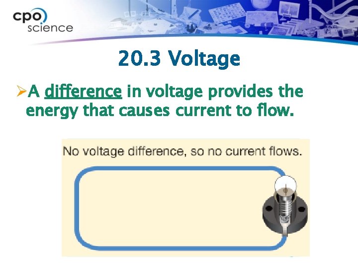 20. 3 Voltage ØA difference in voltage provides the energy that causes current to