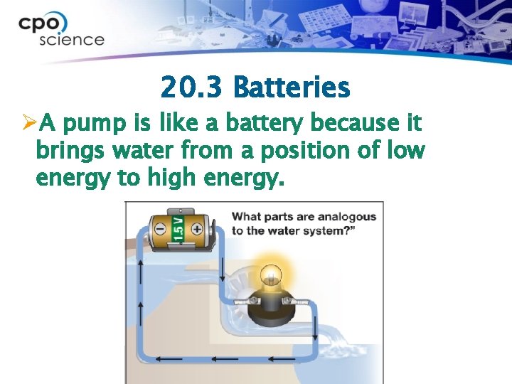 20. 3 Batteries ØA pump is like a battery because it brings water from