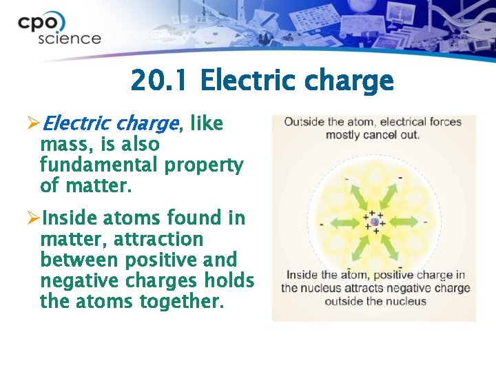 20. 1 Electric charge ØElectric charge, like mass, is also fundamental property of matter.