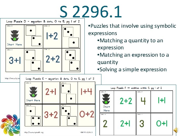 S 2296. 1 • Puzzles that involve using symbolic expressions • Matching a quantity S 2296. 1 • Puzzles that involve using symbolic expressions • Matching a quantity