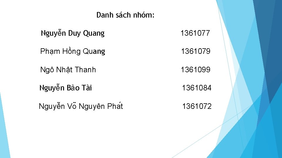 Danh sách nhóm: Nguyễn Duy Quang 1361077 Phạm Hồng Quang 1361079 Ngô Nhật Thanh