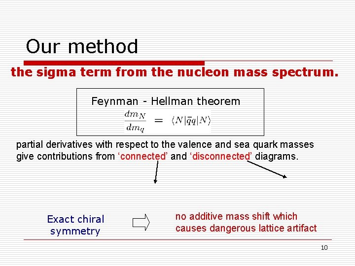 Our method the sigma term from the nucleon mass spectrum. Feynman - Hellman theorem