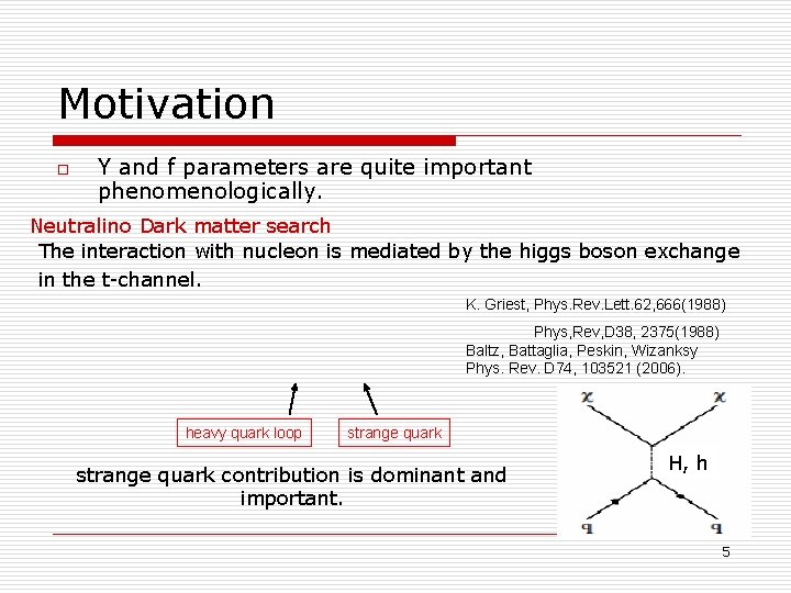 Motivation o Y and f parameters are quite important phenomenologically. Neutralino Dark matter search