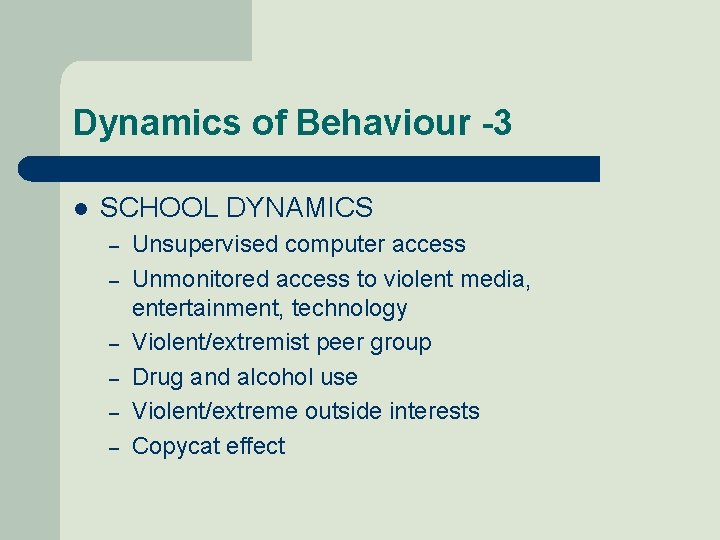 Dynamics of Behaviour -3 l SCHOOL DYNAMICS – – – Unsupervised computer access Unmonitored