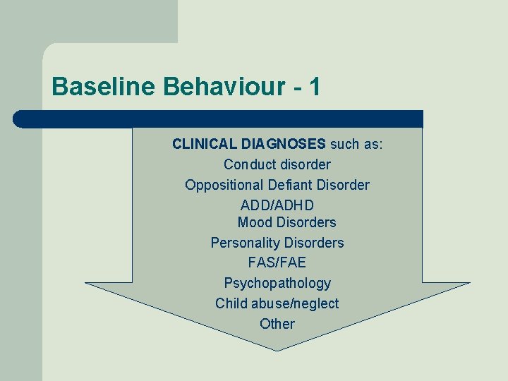 Baseline Behaviour - 1 CLINICAL DIAGNOSES such as: Conduct disorder Oppositional Defiant Disorder ADD/ADHD