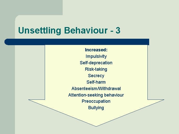 Unsettling Behaviour - 3 Increased: Impulsivity Self-deprecation Risk-taking Secrecy Self-harm Absenteeism/Withdrawal Attention-seeking behaviour Preoccupation