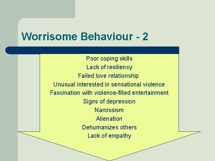 Worrisome Behaviour - 2 Poor coping skills Lack of resiliency Failed love relationship Unusual