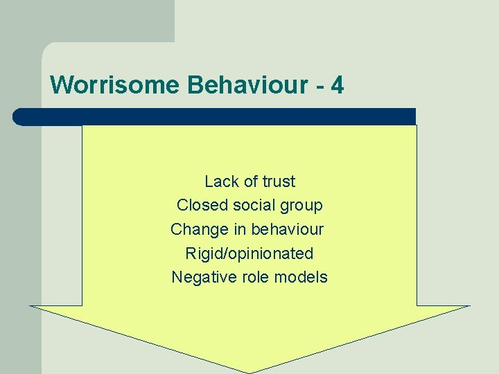 Worrisome Behaviour - 4 Lack of trust Closed social group Change in behaviour Rigid/opinionated