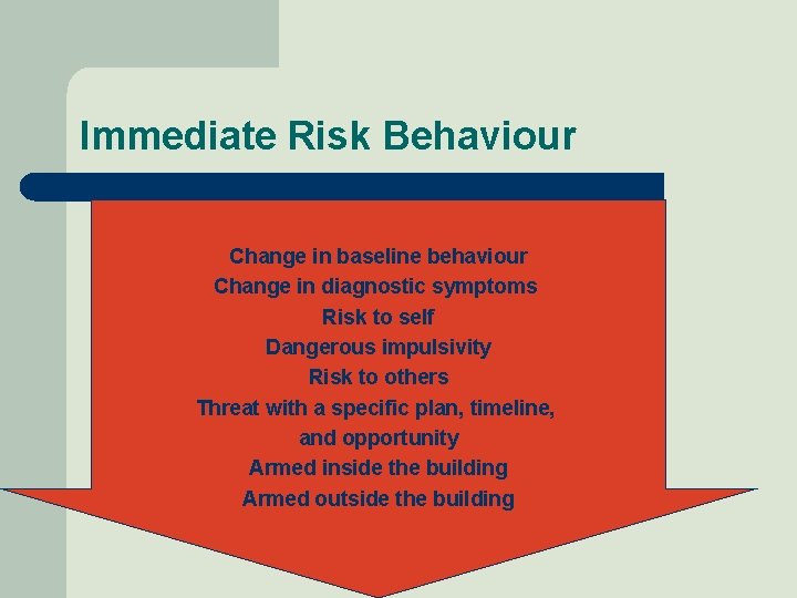 Immediate Risk Behaviour Change in baseline behaviour Change in diagnostic symptoms Risk to self