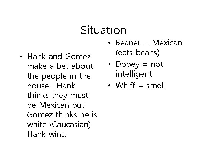 Situation • Hank and Gomez make a bet about the people in the house.