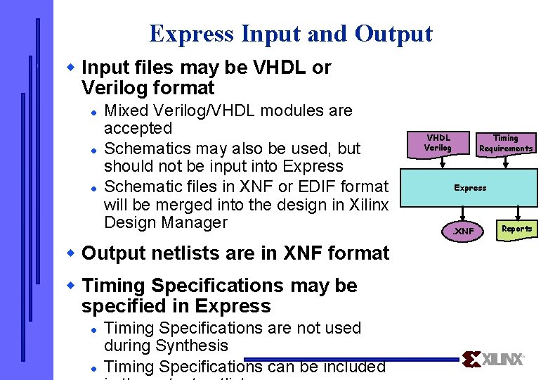 Express Input and Output w Input files may be VHDL or Verilog format l