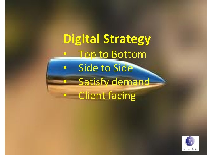 Digital Strategy • • Top to Bottom Side to Side Satisfy demand Client facing