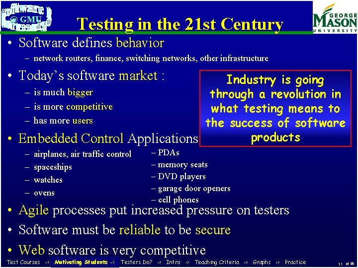 @ GMU Testing in the 21 st Century • Software defines behavior – network