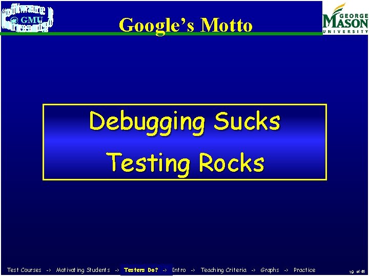 @ GMU Google’s Motto Debugging Sucks Testing Rocks Do? -> Intro -> Teaching Criteria