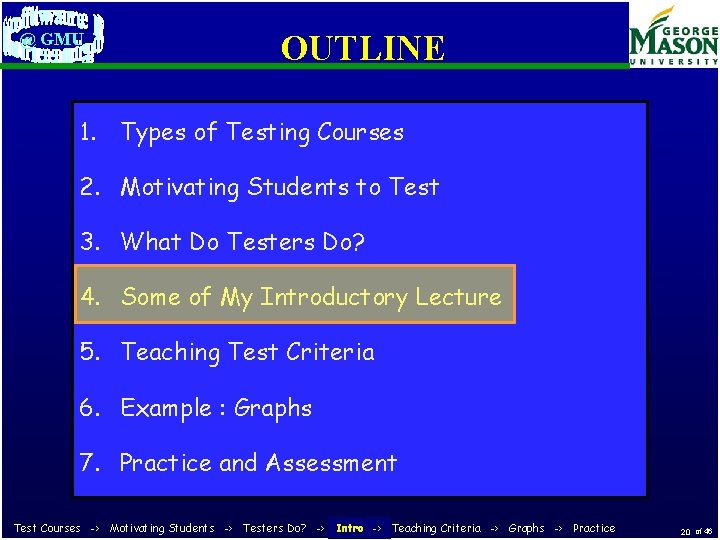 @ GMU OUTLINE 1. Types of Testing Courses 2. Motivating Students to Test 3.