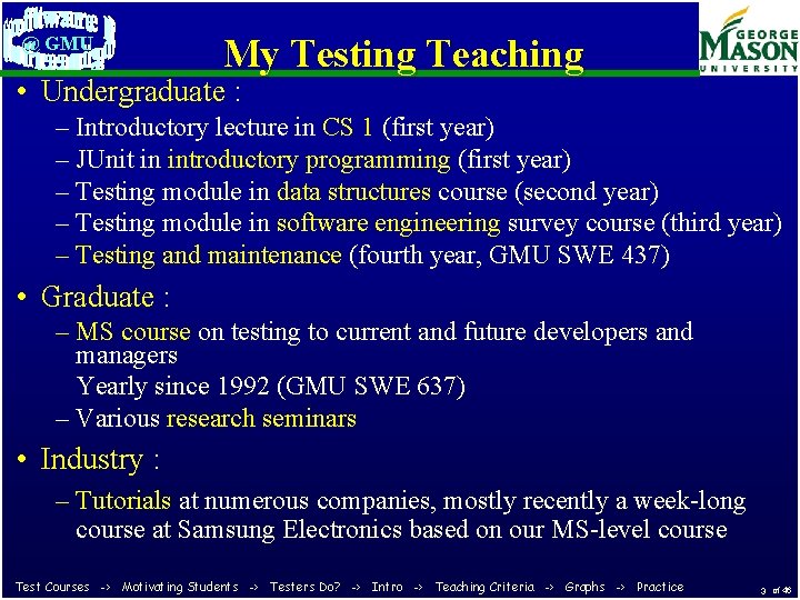 @ GMU My Testing Teaching • Undergraduate : – Introductory lecture in CS 1