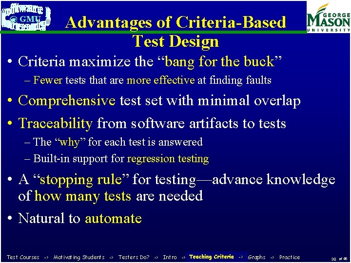 @ GMU Advantages of Criteria-Based Test Design • Criteria maximize the “bang for the