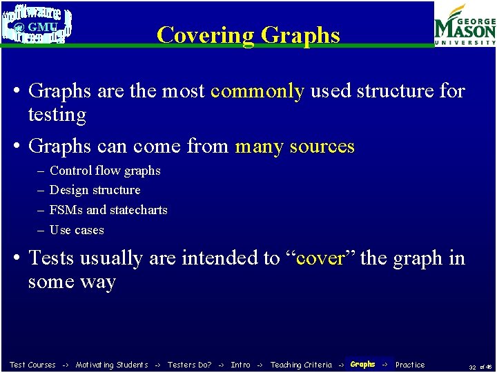 @ GMU Covering Graphs • Graphs are the most commonly used structure for testing