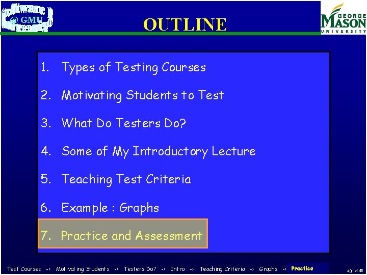 @ GMU OUTLINE 1. Types of Testing Courses 2. Motivating Students to Test 3.