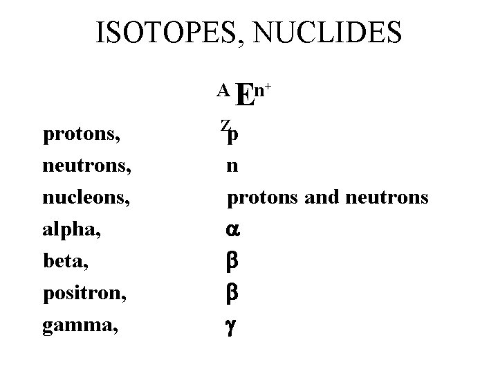 ISOTOPES, NUCLIDES A protons, neutrons, nucleons, alpha, beta, positron, gamma, Z E n+ p