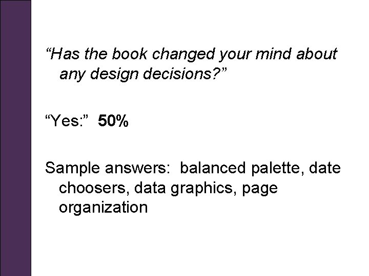 “Has the book changed your mind about any design decisions? ” “Yes: ” 50%