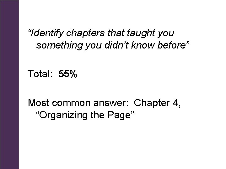 “Identify chapters that taught you something you didn’t know before” Total: 55% Most common