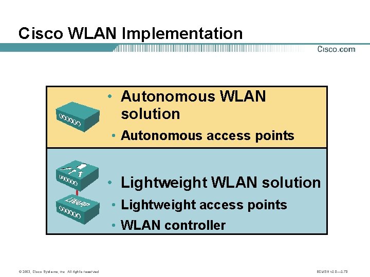 Cisco WLAN Implementation • Autonomous WLAN solution • Autonomous access points • Lightweight WLAN