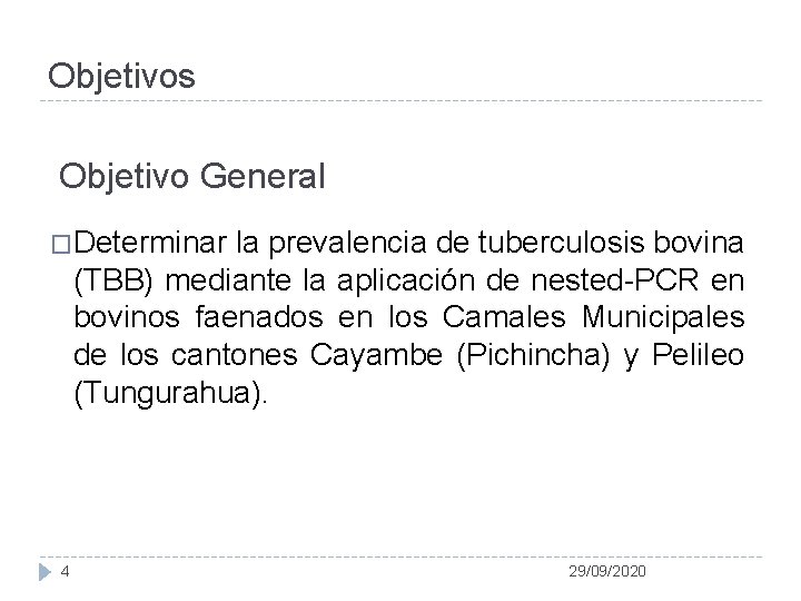 Objetivos Objetivo General �Determinar la prevalencia de tuberculosis bovina (TBB) mediante la aplicación de