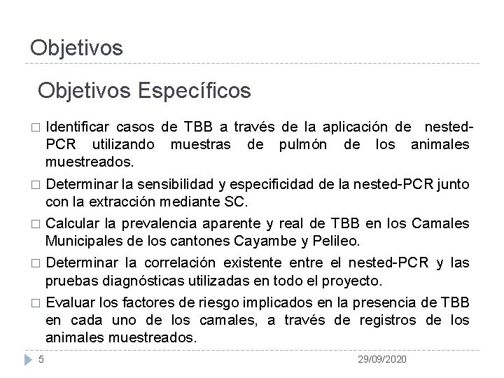 Objetivos Específicos Identificar casos de TBB a través de la aplicación de nested. PCR